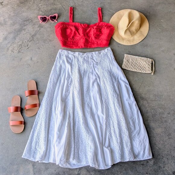 Vintage Dresses & Skirts - Vintage Coldwater Creek White Eyelet Embroidered Boho Festival Midi Skirt large